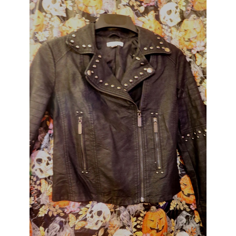 Black Moto Jacket XS BP Womens Studded Faux Leather Asymmetrical Zip Fall Vegan